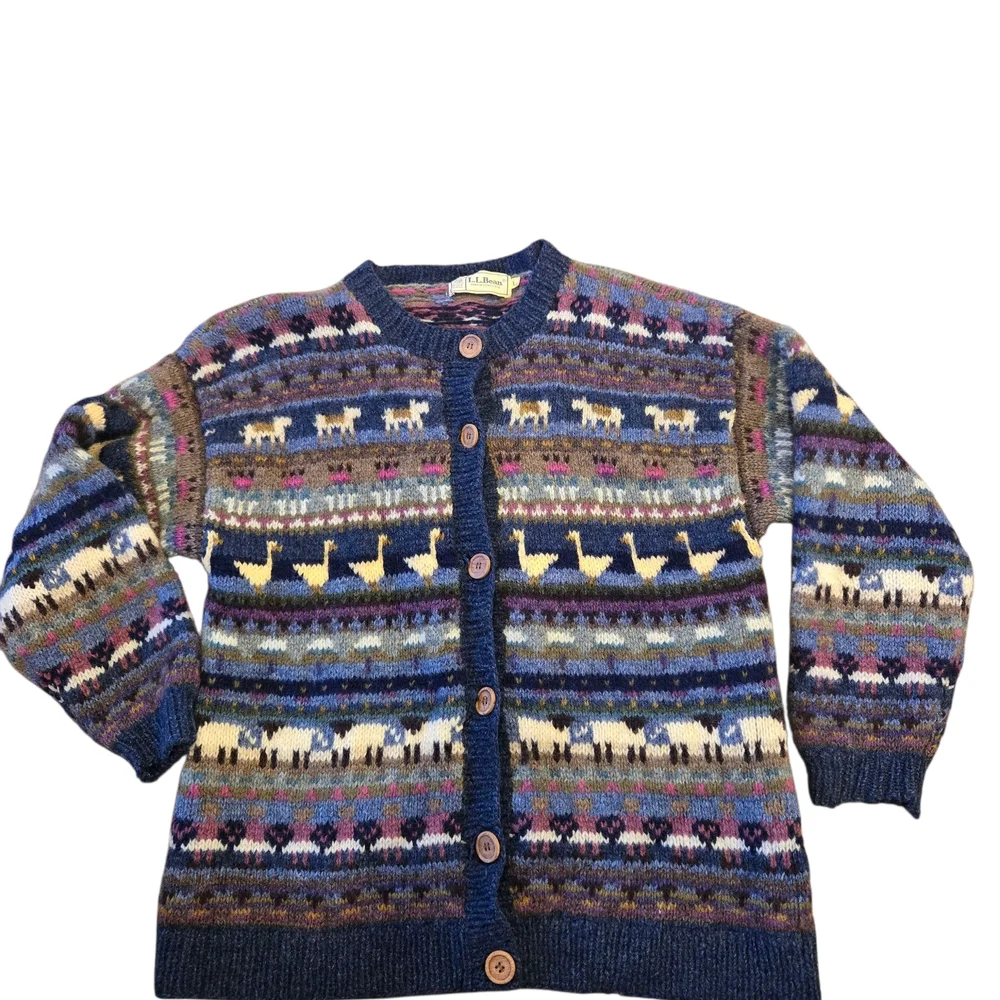 L.L. Bean Wool Sweater Sheep And Geese Animal SIZE LARGE VINTAGE (Few FLAWS)RARE - Picture 1 of 12